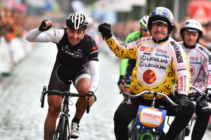Huybrechts helped Olympic and world champion cyclist Fabian Cancellara to victory in a Derny Criterium race in Antwerp in 2014.