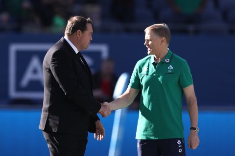 Opposing coaches Steve Hansen of New Zealand (left) and Joe Schmidt shake hands prior to kickoff.