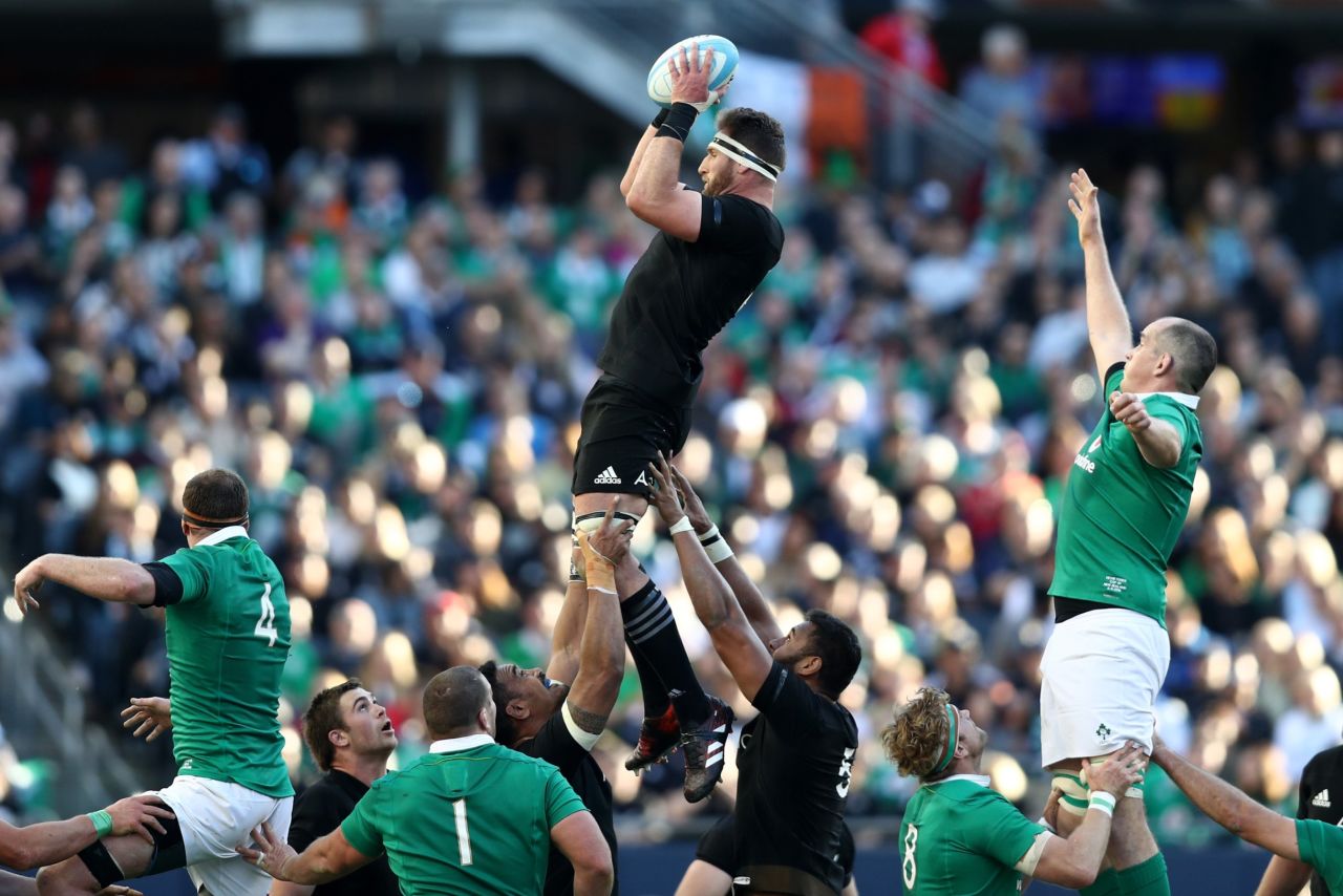 All Blacks captain Kieran Reid wins lineout ball in the thriller at Soldier Field.