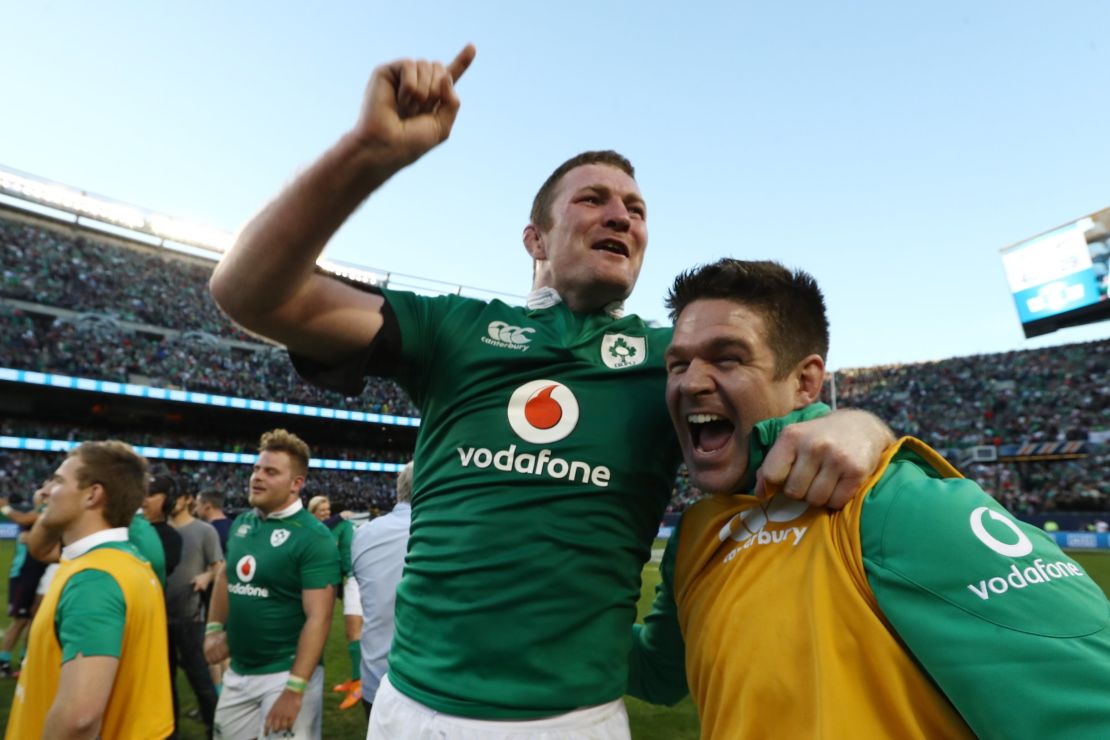 Donnacha Ryan of Ireland celebrates his team's historic 40-29 victory over the All Blacks at Soldier Field, Chicago. 