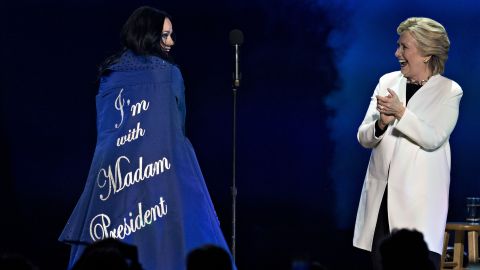 Singer Katy Perry shows off a coat reading "I'm With Madam President" during a Clinton event in Philadelphia on November 5.