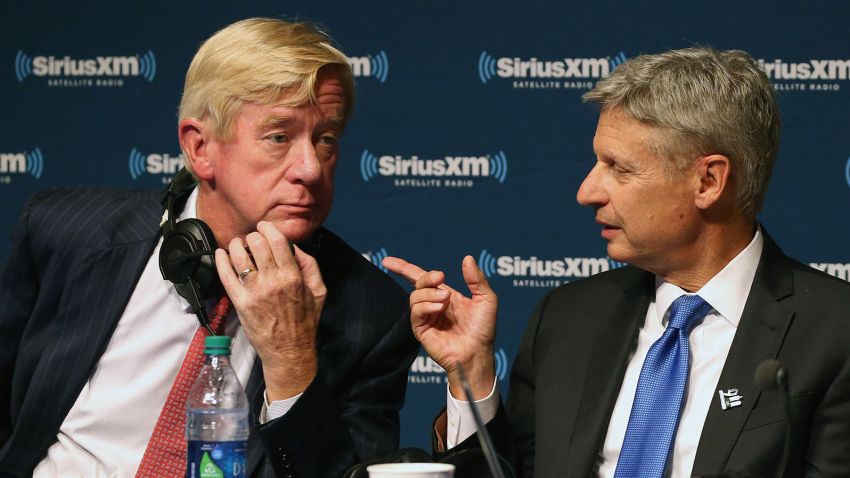 Vice Presidential Candidate Governor William Weld, Presidential Candidate Governor Gary Johnson and Michael Smerconish attend the SiriusXM Libertarian Presidential Forum at the National Constitution Center September 12, 2016 in Philadelphia, Pennsylvania.