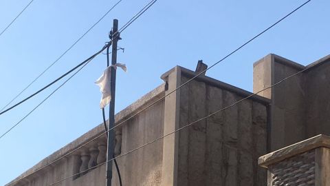 A white rag was hung outside a home next to where Arwa and her team are stationed.