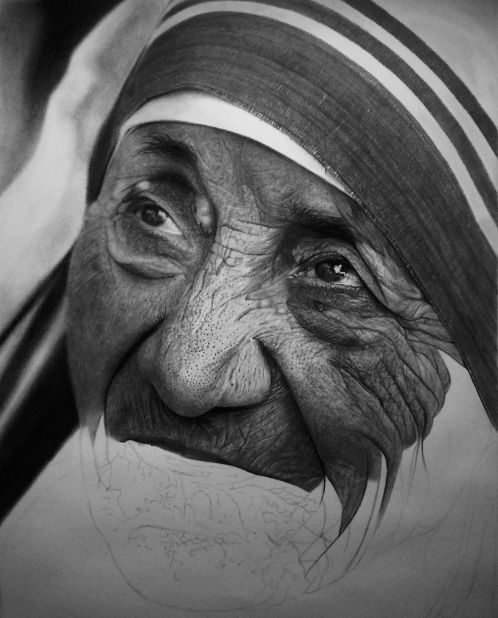 Mother Teresa is given the pencil photo-real treatment in this partially complete drawing.