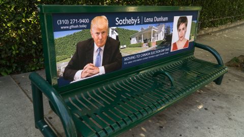 Sabo mocks celebrities like Cher and Lena Dunham for threatening to leave the country if Trump wins by posting ads announcing their moving sales on benches around Los Angeles.