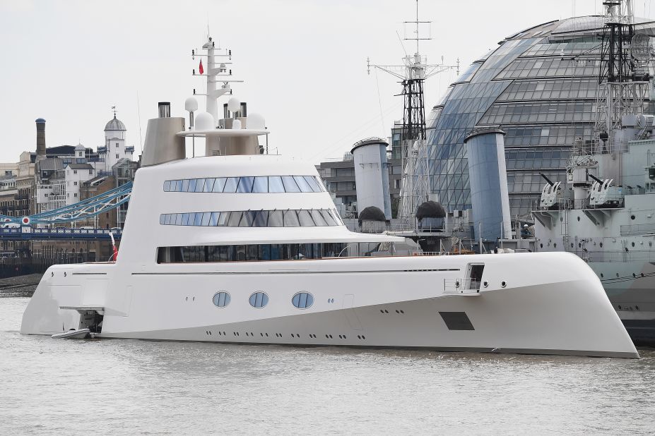 Motor Yacht A, which was completed in 2008, cost Melnichenko a reported $300 million.  It is pictured moored on London's River Thames in September 2016.