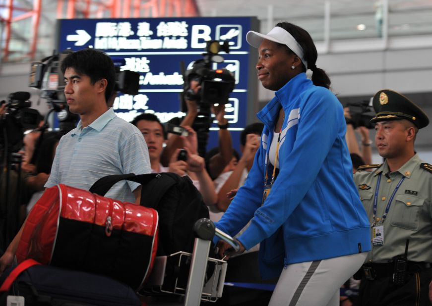 The global nature of the sport means that tennis stars fly to tournaments in all corners of the globe. Here, Venus Williams arrives at Beijing Airport prior to the 2008 Olympics.