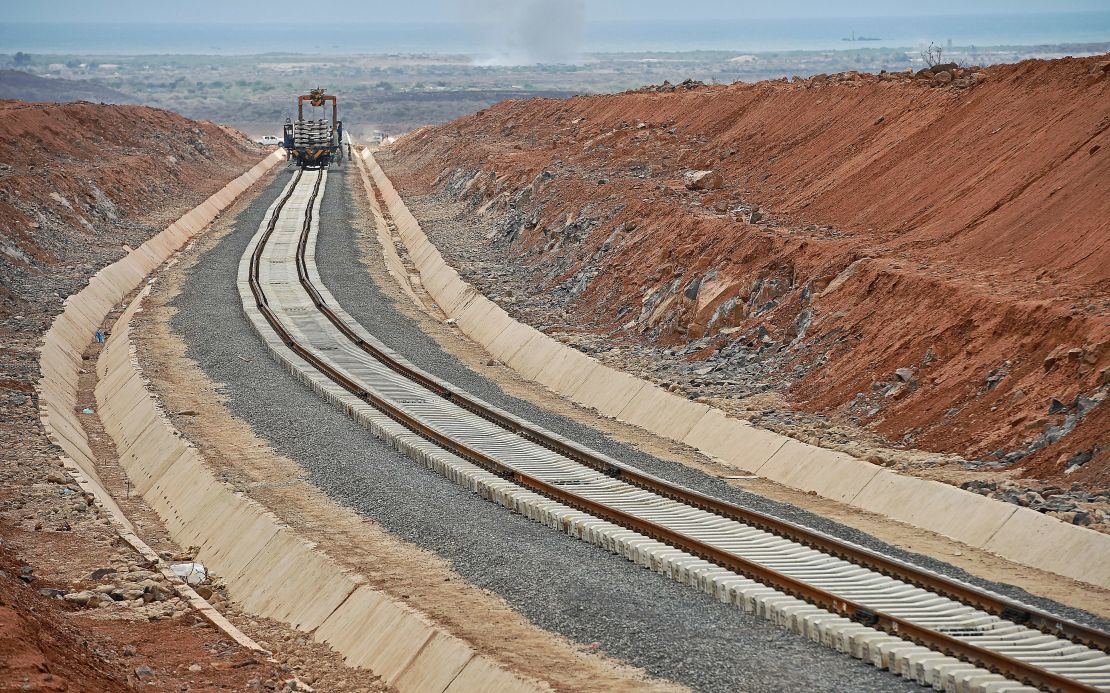 Picture taken on May 5, 2015, shows work in progress on the new railway tracks linking Djibouti with Addis Ababa. 