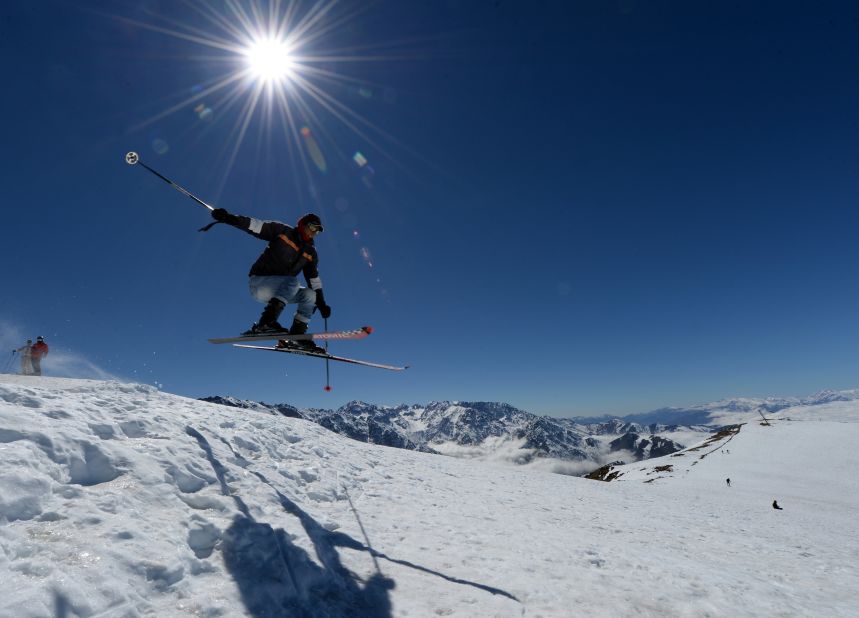 A skier catches some air in Oukaimeden on a bluebird day.