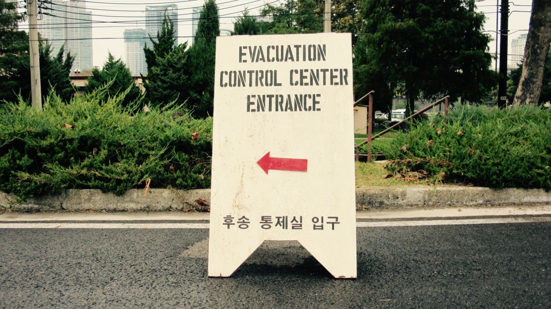 A sign directs evacuees at Yongsan Garrison army base in Seoul.