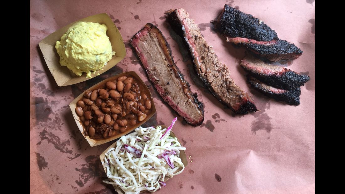 The world-famous Franklin Barbecue in Austin, with this order of brisket and three sides, is classic Central Texas barbecue. This style originated in meat markets smoking leftover raw meat and serving it as barbecue, Vaughn said. 