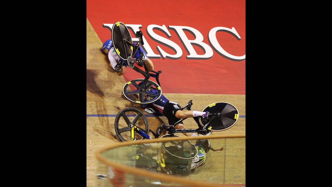 Cyclists crash during a women's keirin final in Glasgow, Scotland, on Friday, November 4.