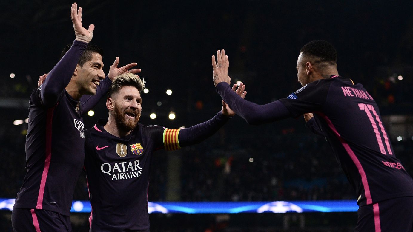 Barcelona's attacking trident -- from left, Luis Suarez, Lionel Messi and Neymar -- celebrate Messi's goal against Manchester City during a Champions League match in Manchester, England, on Tuesday, November 1. Manchester City won the match 3-1.