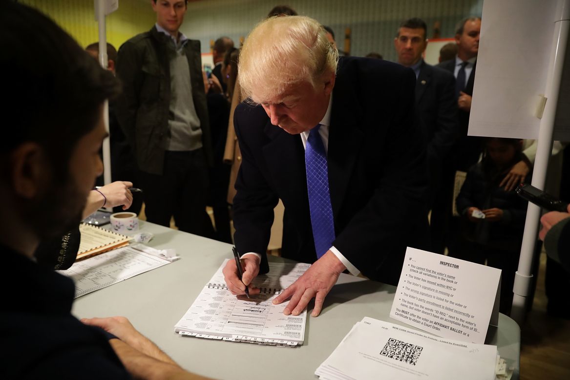 Republican presidential nominee Donald Trump casts his vote in New York on Election Day.