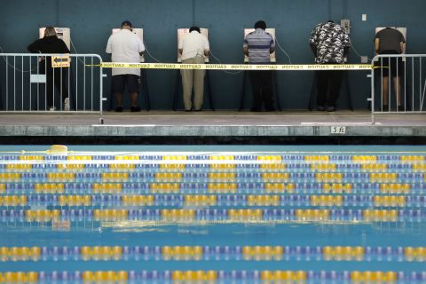 People cast their votes at the Echo Park Pool in Los Angeles.