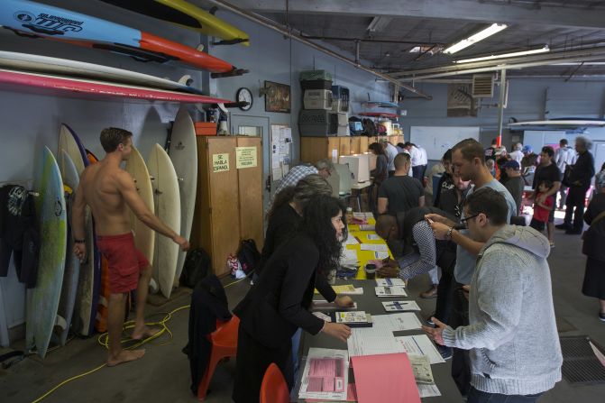People vote at the Los Angeles Lifeguard station in Venice Beach, California.