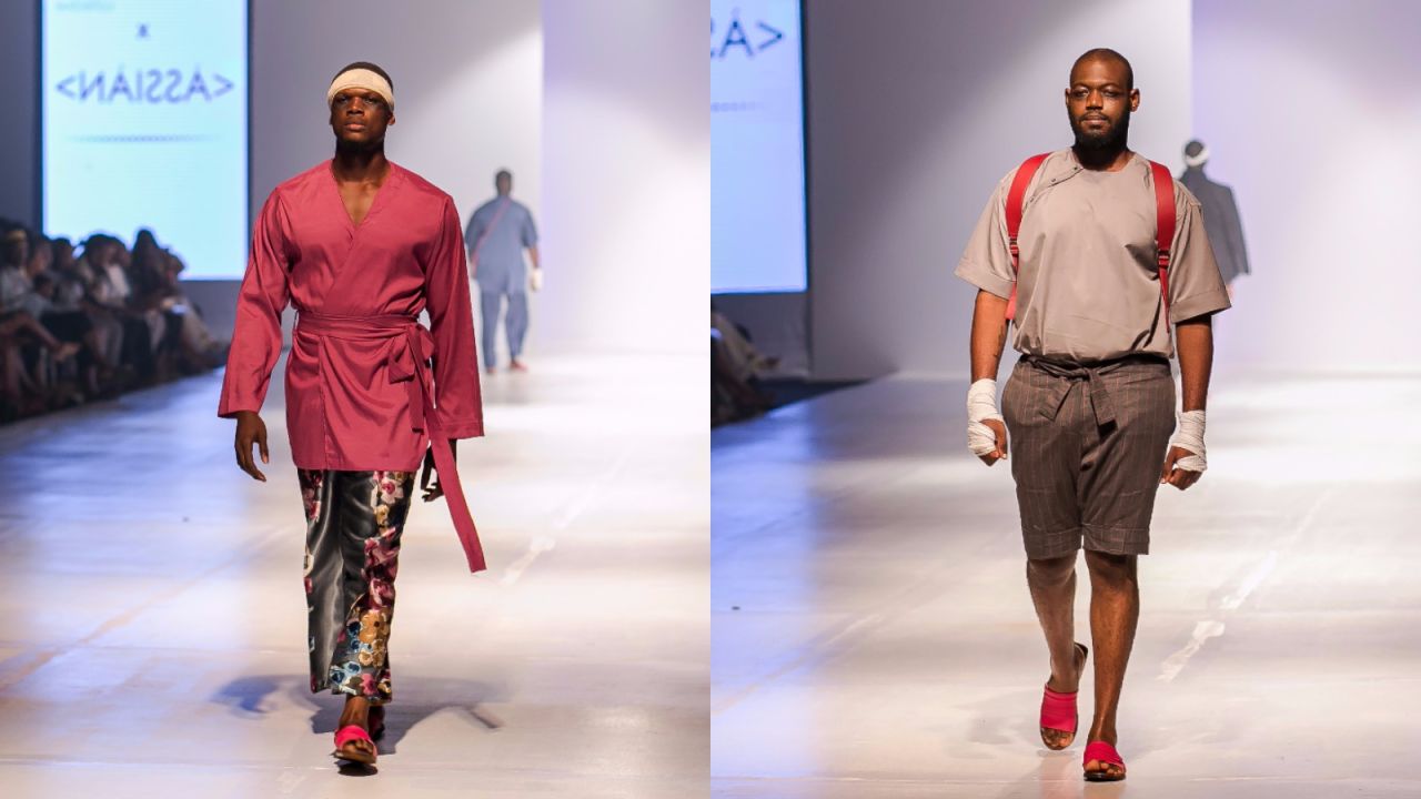 Ngwube hired a veteran model to train her models four times a week, as some had never modeled before. "The training was so they would be ready to face whatever kind of energy they would be meeting, because we didn't know what to expect."<br />Pictured: Male models display creations from ÀSSIÀN.
