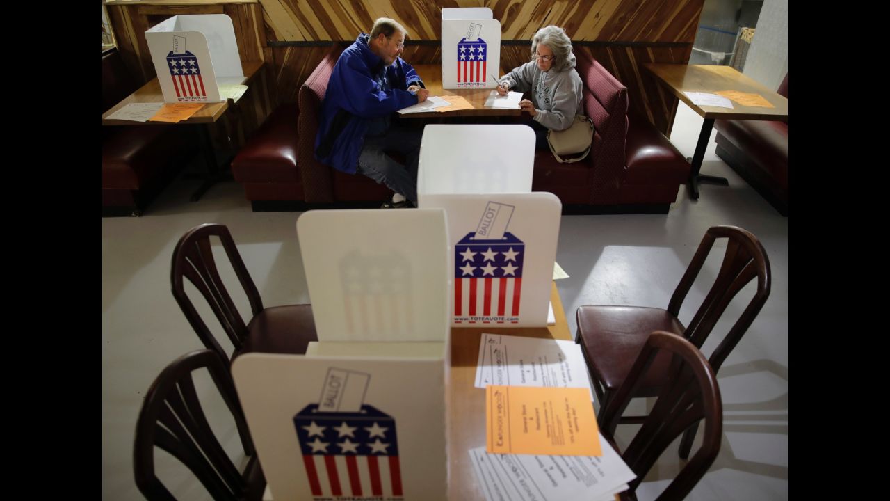 John and Colleen Kramer vote at the Caplinger Mills Trading Post in Caplinger Mills, Missouri. 
