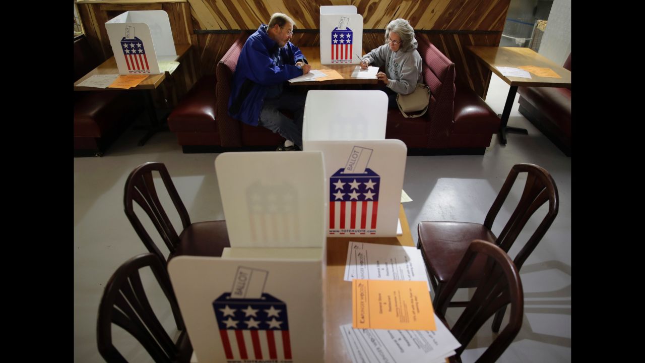 John and Colleen Kramer vote at the Caplinger Mills Trading Post in Caplinger Mills, Missouri.