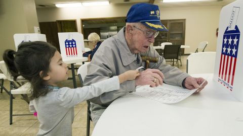 WWII veteran Harvey Erwin, 94, votes Tuesday with his great-granddaughter in Joplin, Missouri.