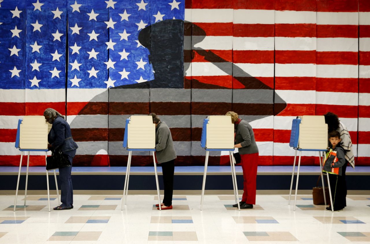 People line up to cast their ballots at an elementary school in Chesterfield, Virginia.