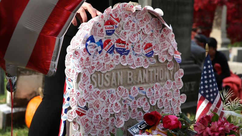 "I voted" stickers are placed at the gravesite of Susan B. Anthony in Rochester, New York. Anthony, a social reformer who died in 1906, played a major role in the <a href="index.php?page=&url=http%3A%2F%2Fwww.cnn.com%2F2016%2F08%2F18%2Fpolitics%2Fgallery%2Ftbt-womens-suffrage%2Findex.html" target="_blank">women's suffrage</a> movement.