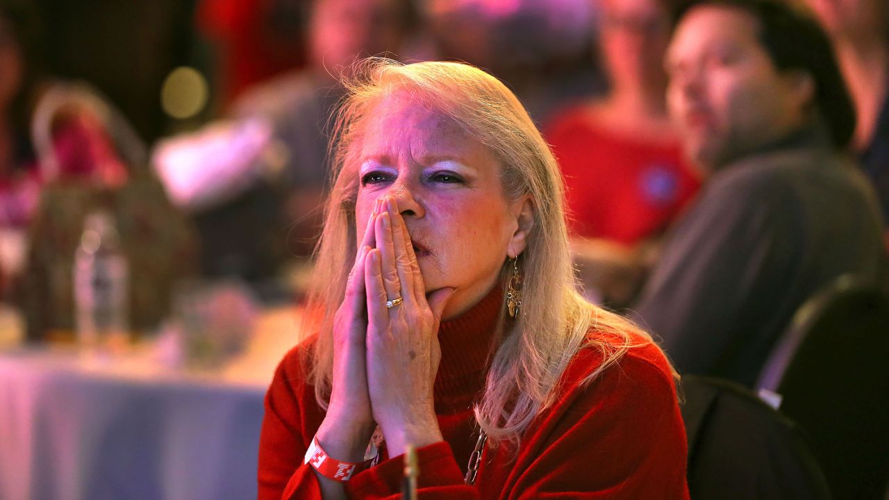 Diane LaRaia watches election results at a party for Trump supporters in Braintree, Massachusetts.