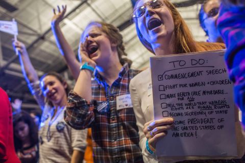 Claire Shea, dressed as Clinton, cheers during an election night party at Wellesley College in Wellesley, Massachusetts. Wellesley College is Clinton's alma mater.