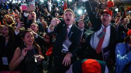 Supporters of Republican presidential candidate Donald Trump cheer as they watch election returns during an election night rally.