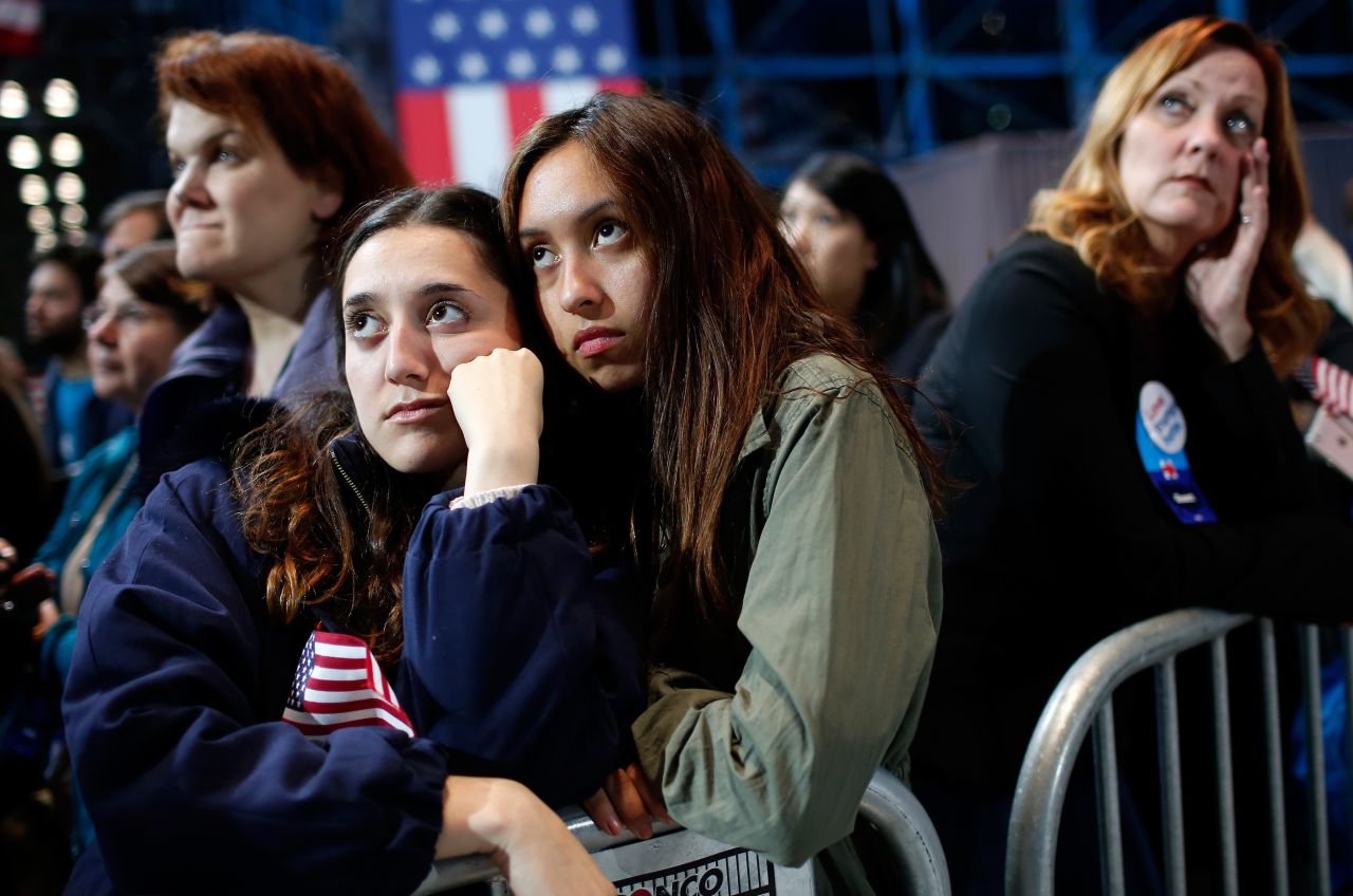 Clinton supporters watch the voting results at the Javits Center.