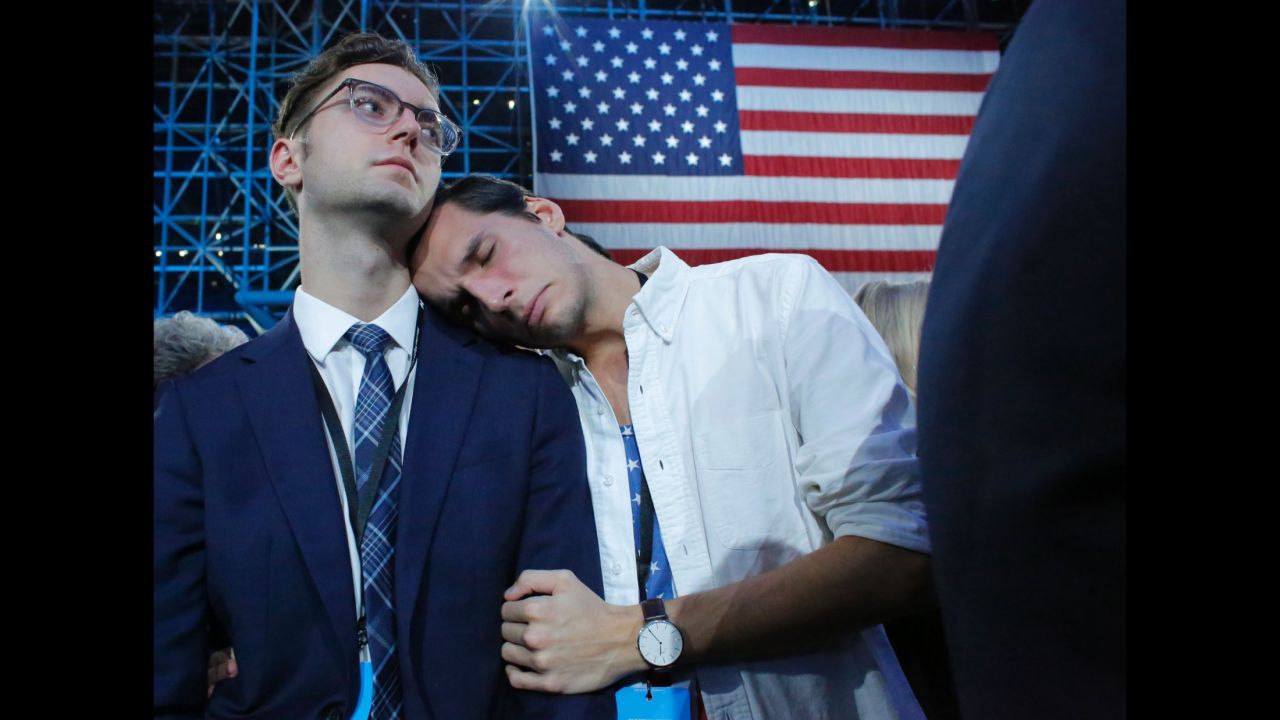 Clinton supporters react to election results at the Javits Center.