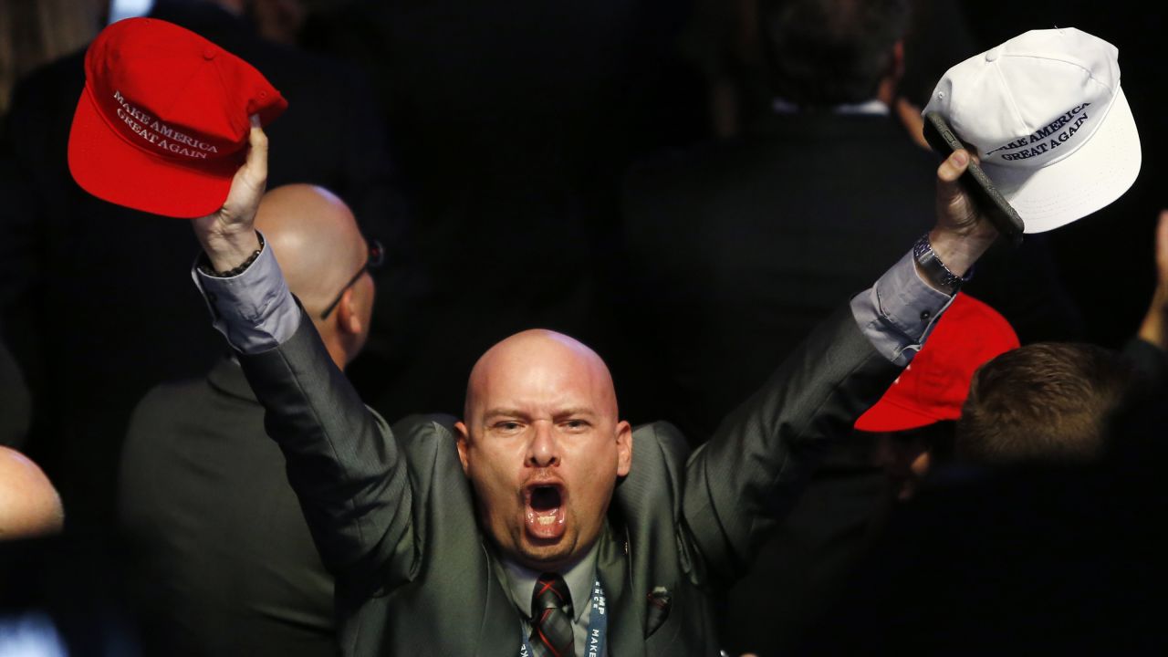 A Trump supporter in New York reacts as Ohio is called for Trump.