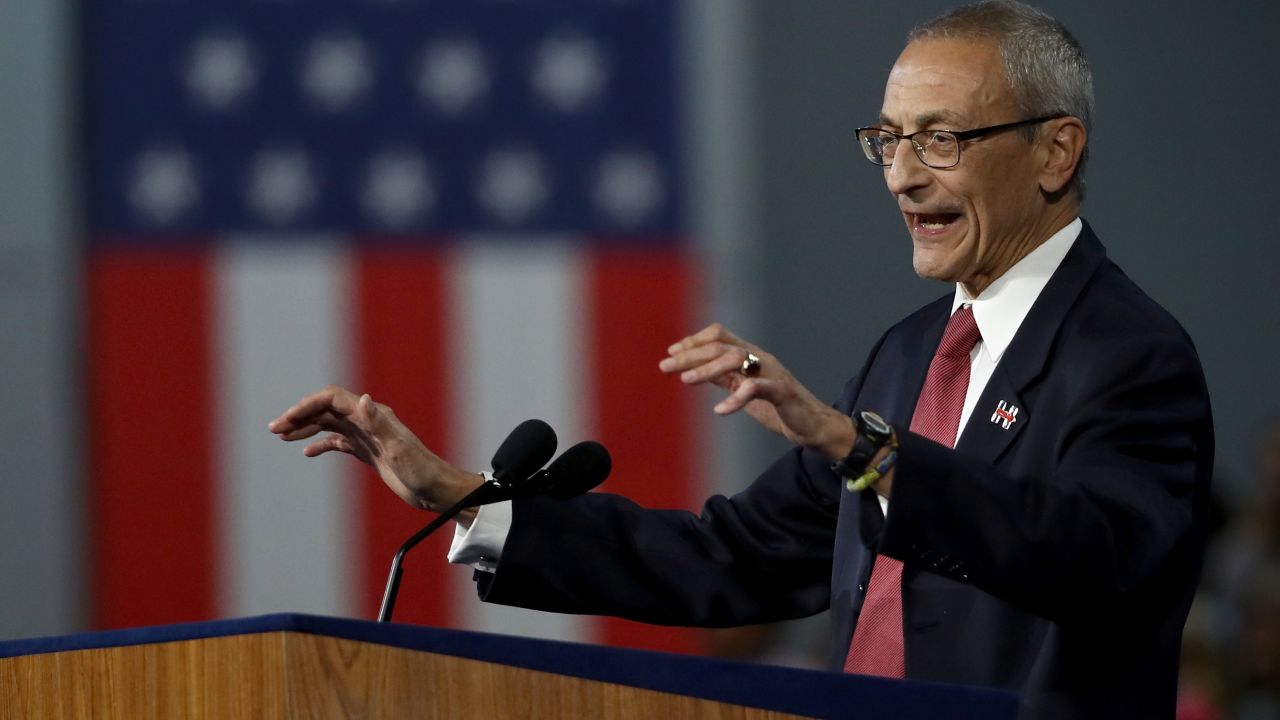 NEW YORK, NY - NOVEMBER 09:  Campaign chairman John Podesta speaks on stage at Democratic presidential nominee former Secretary of State Hillary Clinton's election night event at the Jacob K. Javits Convention Center November 9, 2016 in New York City. Clinton is running against Republican nominee, Donald J. Trump to be the 45th President of the United States.  (Photo by Win McNamee/Getty Images)