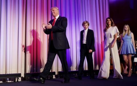 Trump walks on stage with his family after he was declared the election winner in November 2016. 