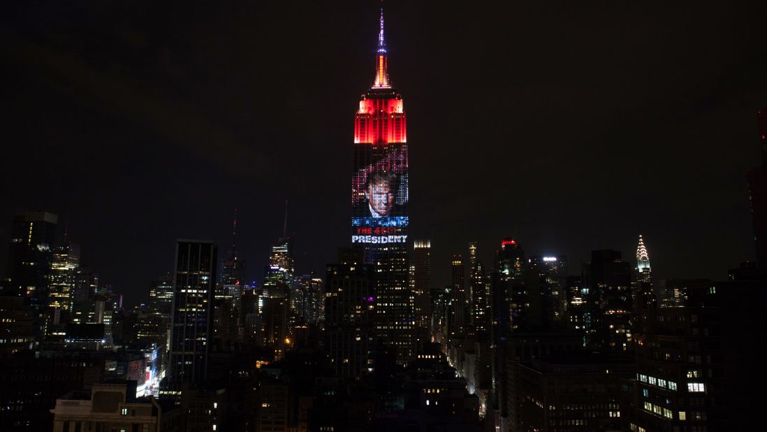 Trump's victory is projected onto the Empire State Building in New York.