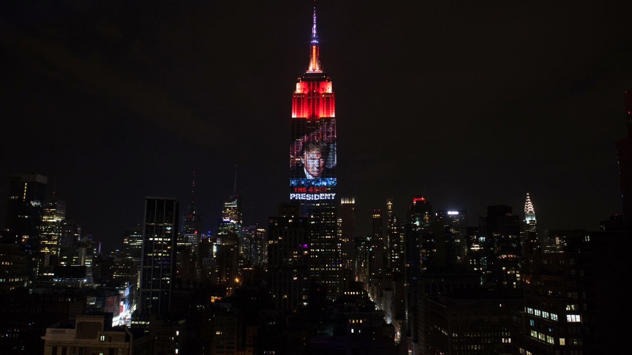 Trump's victory is projected onto the Empire State Building in New York.