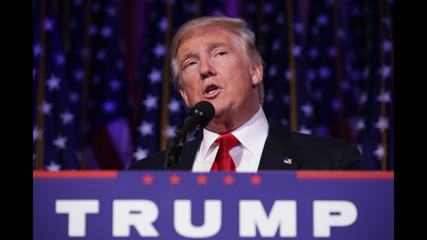 NEW YORK, NY - NOVEMBER 09: Republican president-elect Donald Trump delivers his acceptance speech during his election night event at the New York Hilton Midtown in the early morning hours of November 9, 2016 in New York City. Donald Trump defeated Democratic presidential nominee Hillary Clinton to become the 45th president of the United States. (Photo by Chip Somodevilla/Getty Images)