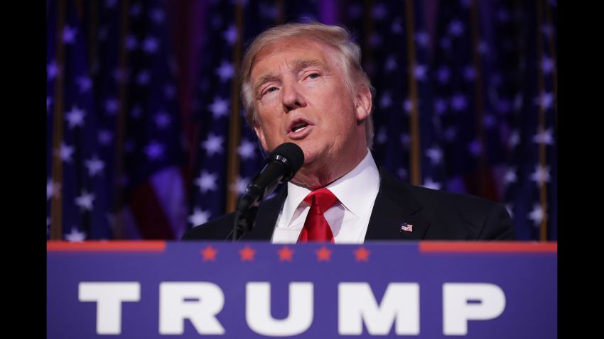 NEW YORK, NY - NOVEMBER 09:  Republican president-elect Donald Trump delivers his acceptance speech during his election night event at the New York Hilton Midtown in the early morning hours of November 9, 2016 in New York City. Donald Trump defeated Democratic presidential nominee Hillary Clinton to become the 45th president of the United States.  (Photo by Chip Somodevilla/Getty Images)