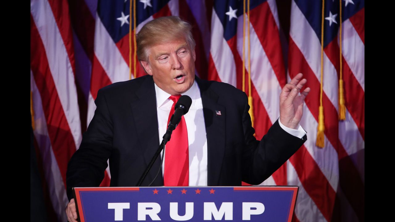 NEW YORK, NY - NOVEMBER 09:  Republican president-elect Donald Trump delivers his acceptance speech during his election night event at the New York Hilton Midtown in the early morning hours of November 9, 2016 in New York City. Donald Trump defeated Democratic presidential nominee Hillary Clinton to become the 45th president of the United States.  (Photo by Mark Wilson/Getty Images)