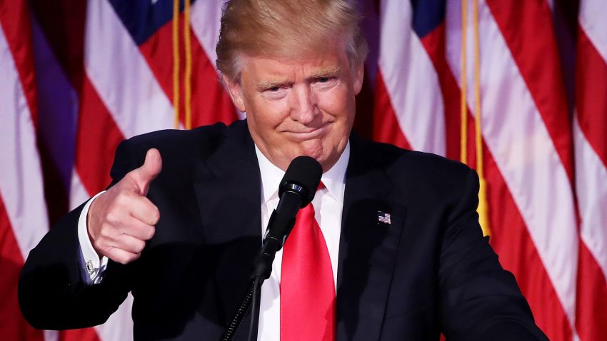 NEW YORK, NY - NOVEMBER 09:  Republican president-elect Donald Trump gives a thumbs up to the crowd during his acceptance speech at his election night event at the New York Hilton Midtown in the early morning hours of November 9, 2016 in New York City. Donald Trump defeated Democratic presidential nominee Hillary Clinton to become the 45th president of the United States.  (Photo by Mark Wilson/Getty Images)