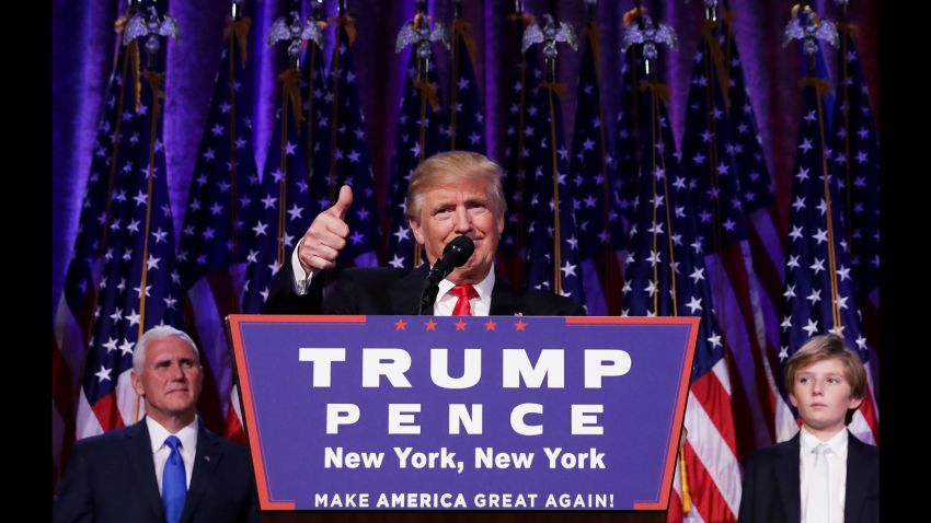 NEW YORK, NY - NOVEMBER 09:  Republican president-elect Donald Trump gives a thumbs up to the crowd during his acceptance speech at his election night event at the New York Hilton Midtown in the early morning hours of November 9, 2016 in New York City. Donald Trump defeated Democratic presidential nominee Hillary Clinton to become the 45th president of the United States.  (Photo by Chip Somodevilla/Getty Images)