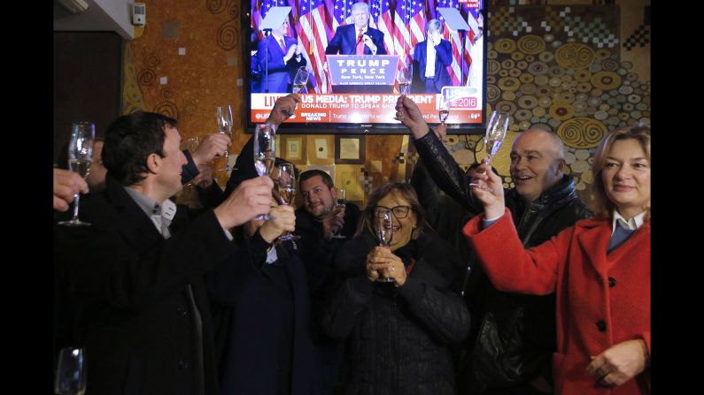 Slovenians toast Donald Trump's victory in Sevnica, the hometown of Trump's wife, Melania, during a broadcast of <a href="index.php?page=&url=http%3A%2F%2Fwww.cnn.com%2F2016%2F11%2F09%2Fpolitics%2Fdonald-trump-acceptance-speech%2F" target="_blank">his acceptance speech</a> on Wednesday, November 9. Trump defeated Democratic presidential nominee Hillary Clinton and will become the 45th president of the United States.