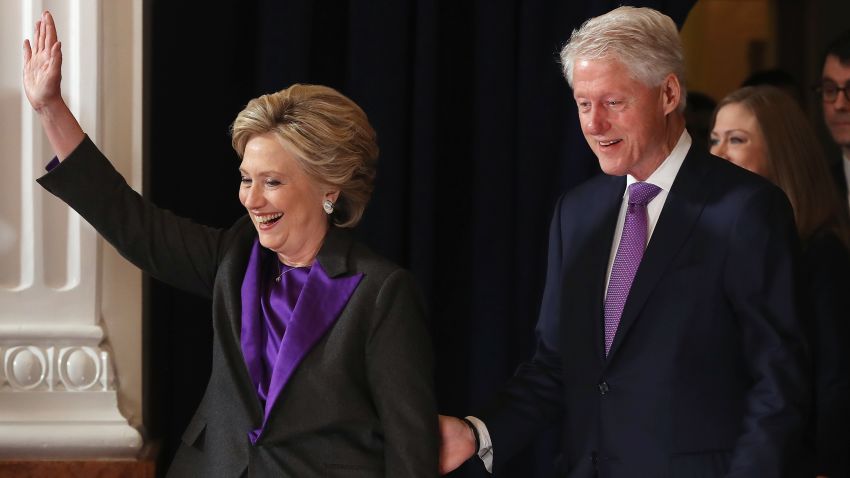 Former Secretary of State Hillary Clinton, accompanied by her husband former President Bill Clinton, takes the stage to concede the presidential election at the New Yorker Hotel on November 9, 2016 in New York City. Republican candidate Donald Trump won the 2016 presidential election in the early hours of the morning in a widely unforeseen upset.