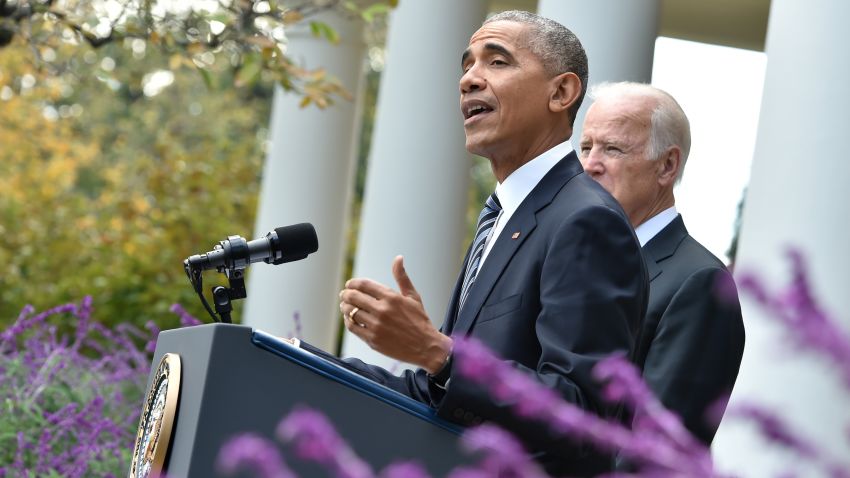 President Barack Obama (R) addresses, for the first time publicly the shock election of Donald Trump as his successor, together with Vice President Joe Biden on November 9, 2016 at the White House in Washnigton, D.C.
Throughout the two-year-long election campaign, Obama has repeated a mantra that he will do all he can to ensure the peaceful transition of power.