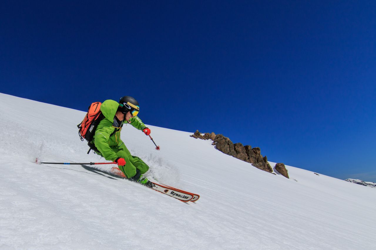 A skier deep in the backcountry with Heliski Marrakech. The company drops skiers in terrain above and around the village of Setti-Fatma in an area ski treks seldom venture. 