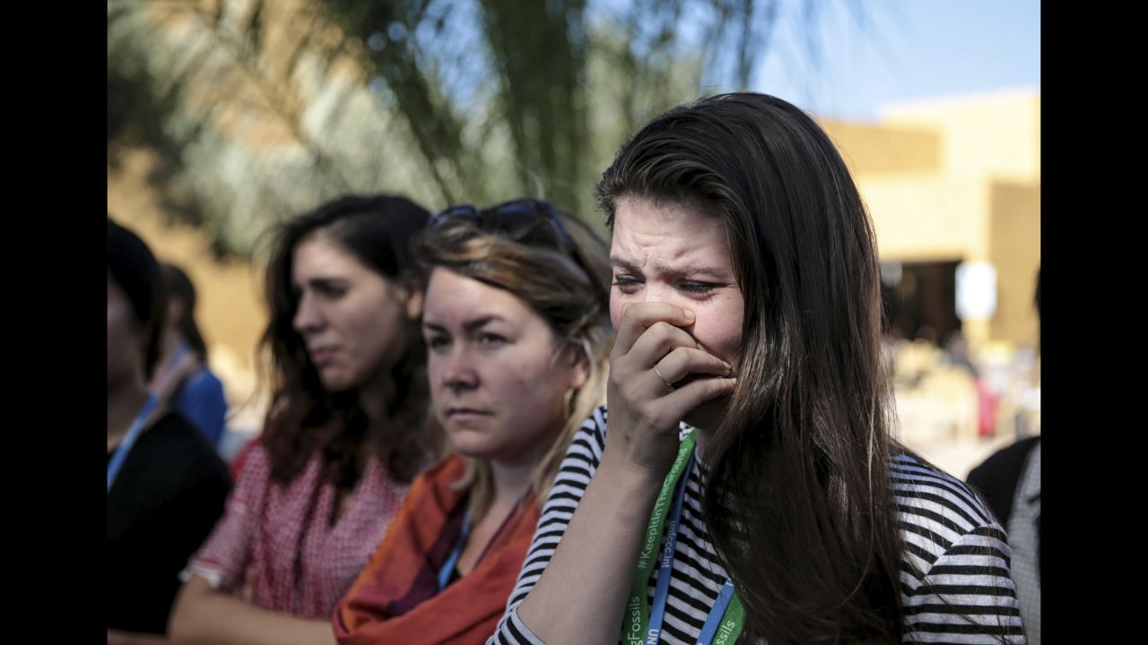 Bethany Hindmarsh, an environmental activist attending the COP22 Climate Conference in Marrakesh, Morocco, reacts during a protest against Trump on November 9. News of Trump's win has alarmed environmentalists and climate scientists concerned that a Trump presidency could mean the United States pulls out of an international climate deal.