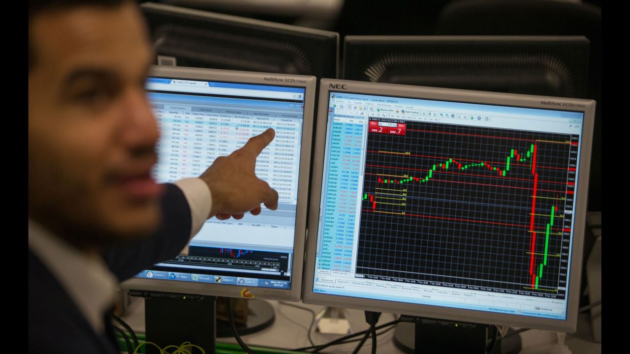 A stock trader at ETX Capital in London gestures to a screen showing the S&P 500 Index on November 9. <a href="http://money.cnn.com/2016/11/08/investing/global-markets-stocks-trump-clinton-us-presidential-election/" target="_blank">Global stock markets dropped</a> as Trump's victory became more likely on Election Day.