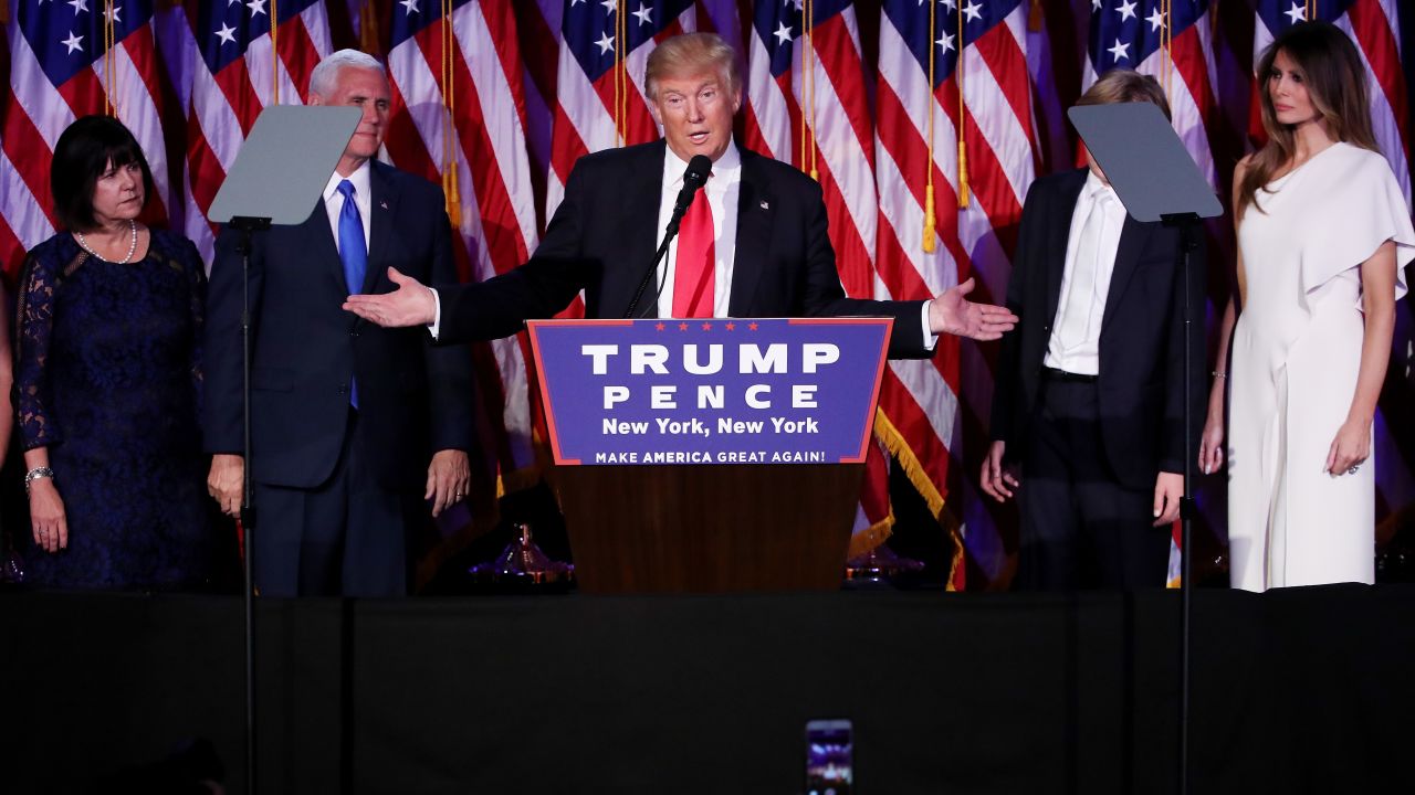 NEW YORK, NY - NOVEMBER 09:  Republican president-elect Donald Trump delivers his acceptance speech during his election night event at the New York Hilton Midtown in the early morning hours of November 9, 2016 in New York City. Donald Trump defeated Democratic presidential nominee Hillary Clinton to become the 45th president of the United States.  (Photo by Mark Wilson/Getty Images)