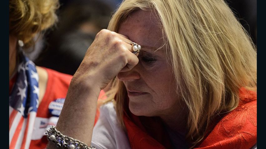 A supporter of Hillary Clinton reacts as she watches live coverage of the US elections at an event organised by the American Chamber of Commerce in Hong Kong on November 9, 2016.
Share markets collapsed and the dollar tumbled against the yen and the euro as Donald Trump looked on course to win the race for the White House, in a stunning upset with major implications for the world economy. / AFP / ANTHONY WALLACE (Photo credit should read ANTHONY WALLACE/AFP/Getty Images)
