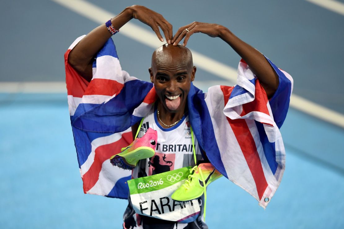 Mo Farah celebrates winning gold in the Men's 5,000 meter final at the Rio 2016 Olympic Games.